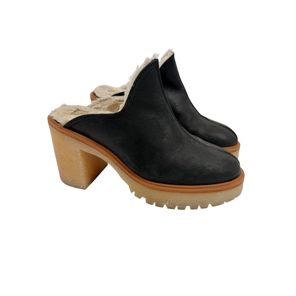 Free People James Cozy Mules Black Leather Shearling Lined Clogs Size 8